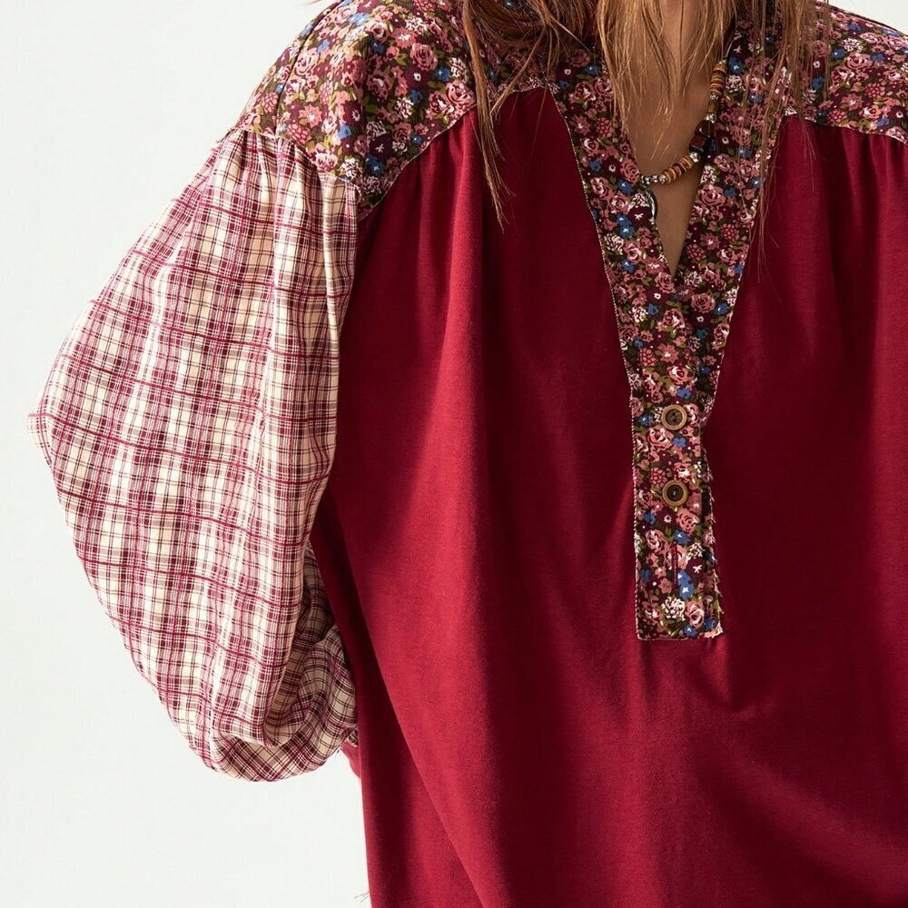 Burgundy Casual Women's Loose Knitted Patchwork Blouse - Picture 6 of 6